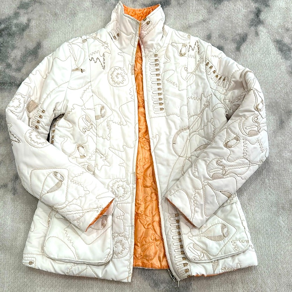 Embroidered White Quilted Jacket with Orange Lining - Unique Design